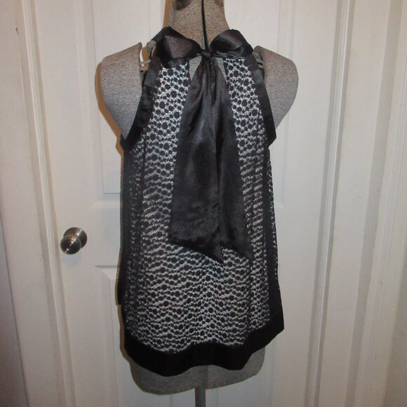 Nicole Miller Black & White Lace Dot Size Small Halter Neck Top Satin Bow Tie - Picture 8 of 14